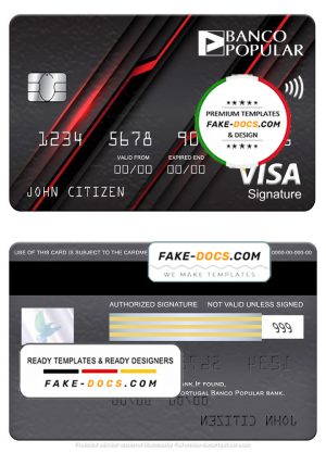 Portugal Banco Popular bank visa signature card, fully editable template in PSD format
