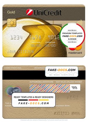 Romania UniCredit Bank mastercard gold, fully editable template in PSD format