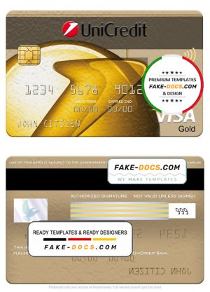 Romania UniCredit Bank visa gold card, fully editable template in PSD format