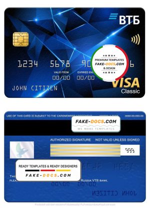 Russia VTB bank visa classic card, fully editable template in PSD format