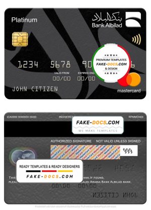 Saudi Arabia Bank Albilad bank mastercard platinum, fully editable template in PSD format Saudi Arabia Bank Albilad bank mastercard platinum, fully editable template in PSD format