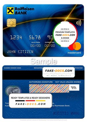 Slovakia Raiffeisen Bank mastercard, fully editable template in PSD format