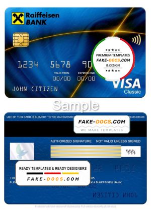 Slovakia Raiffeisen Bank visa classic card, fully editable template in PSD format