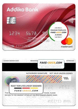 Montenegro Addiko bank mastercard, fully editable template in PSD format Montenegro Addiko bank mastercard, fully editable template in PSD format
