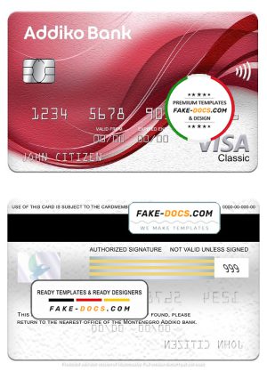 Montenegro Addiko bank visa classic card, fully editable template in PSD format Montenegro Addiko bank visa classic card, fully editable template in PSD format