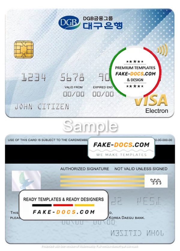 South Korea Daegu bank visa electron card, fully editable template in PSD format