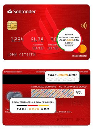 Spain Santander bank mastercard, fully editable template in PSD format Spain Santander bank mastercard, fully editable template in PSD format