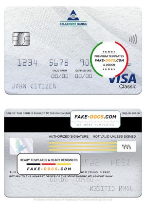 Montenegro Atlasmont bank visa classic card, fully editable template in PSD format Montenegro Atlasmont bank visa classic card, fully editable template in PSD format