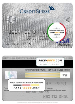 Switzerland Credit Suisse bank visa platinum card, fully editable template in PSD format