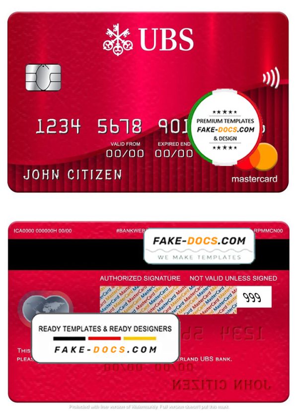 Switzerland UBS bank mastercard, fully editable template in PSD format