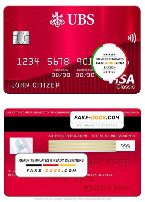 Switzerland UBS bank visa classic card, fully editable template in PSD format