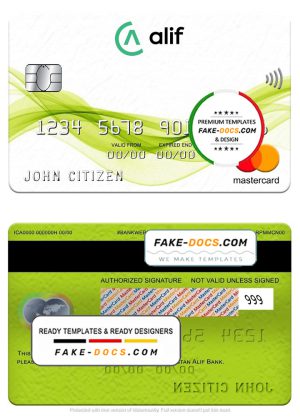 Tajikistan Alif Bank mastercard, fully editable template in PSD format Tajikistan Alif Bank mastercard, fully editable template in PSD format