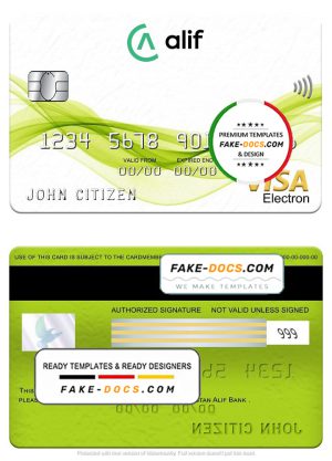 Tajikistan Alif Bank visa electron card, fully editable template in PSD format Tajikistan Alif Bank visa electron card, fully editable template in PSD format