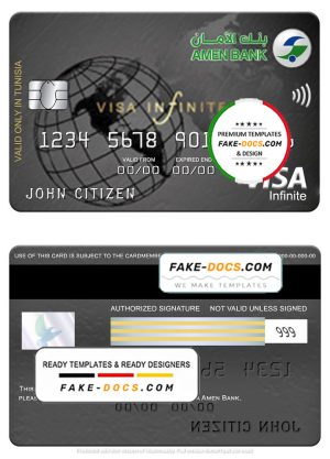 Tunisia Amen Bank visa infinite card, fully editable template in PSD format Tunisia Amen Bank visa infinite card, fully editable template in PSD format