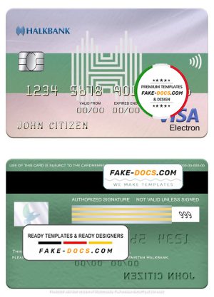 Turkmenistan Halkbank visa electron card, fully editable template in PSD format