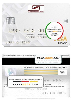 Turkmenistan Turkmenbashi Bank visa classic card, fully editable template in PSD format
