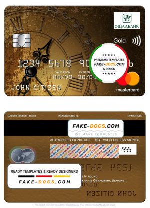 Ukraine Oshadbank mastercard gold, fully editable template in PSD format