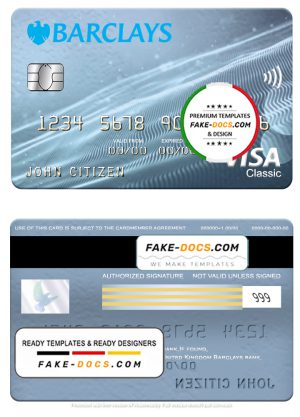 United Kingdom Barclays bank visa classic card, fully editable template in PSD format