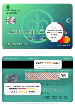 United Kingdom HM Revenue & Customs bank mastercard, fully editable template in PSD format
