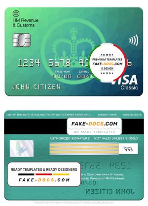 United Kingdom HM Revenue & Customs bank visa classic card, fully editable template in PSD format