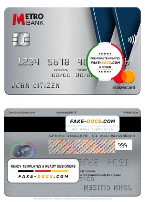 United Kingdom Metro Bank mastercard, fully editable template in PSD format