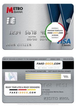 United Kingdom Metro Bank visa classic card, fully editable template in PSD format