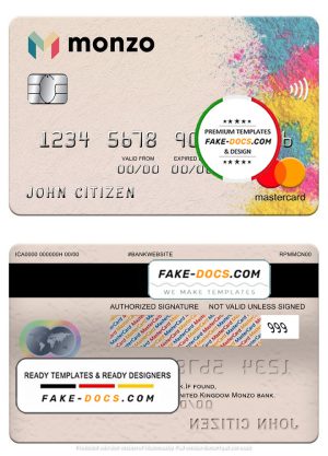 United Kingdom Monzo bank mastercard, fully editable template in PSD format