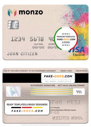 United Kingdom Monzo bank visa electron card, fully editable template in PSD format