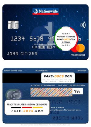 United Kingdom Nationwide bank mastercard, fully editable template in PSD format