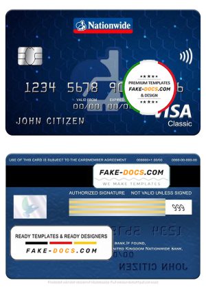 United Kingdom Nationwide bank visa classic card, fully editable template in PSD format