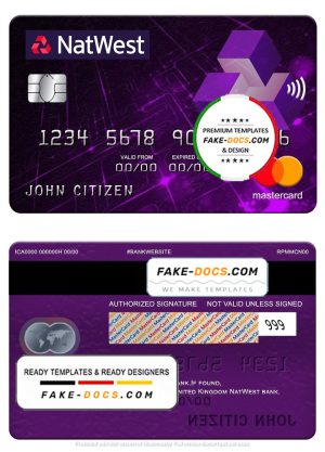 United Kingdom NatWest bank mastercard, fully editable template in PSD format