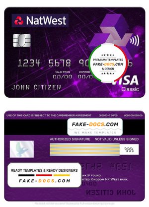 United Kingdom NatWest bank visa classic card, fully editable template in PSD format