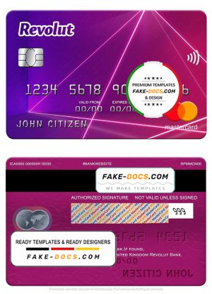 United Kingdom Revolut Bank mastercard, fully editable template in PSD format