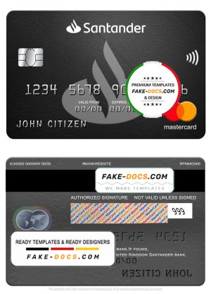 United Kingdom Santander bank mastercard, fully editable template in PSD format