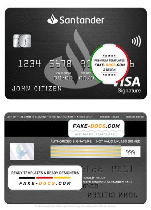United Kingdom Santander bank visa signature card, fully editable template in PSD format