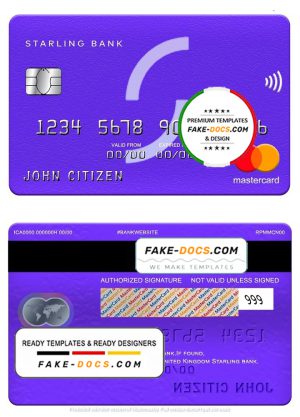 United Kingdom Starling bank mastercard, fully editable template in PSD format United Kingdom Starling bank mastercard, fully editable template in PSD format