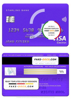 United Kingdom Starling bank visa electron card, fully editable template in PSD format United Kingdom Starling bank visa electron card, fully editable template in PSD format