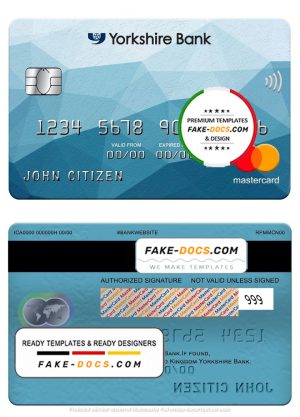 United Kingdom Yorkshire Bank mastercard, fully editable template in PSD format