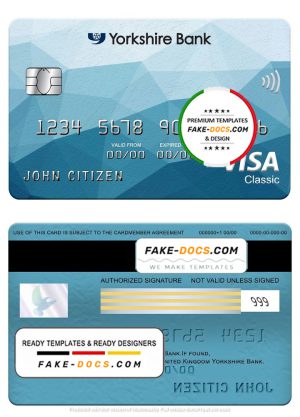 United Kingdom Yorkshire Bank visa classic card, fully editable template in PSD format