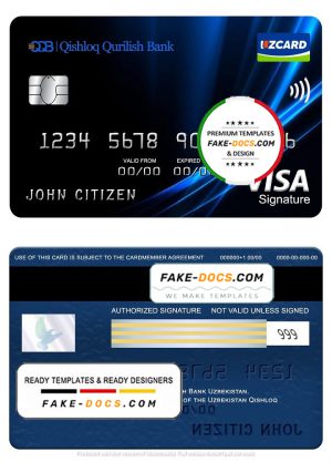 Uzbekistan Qishloq Qurilish Bank visa signature card, fully editable template in PSD format