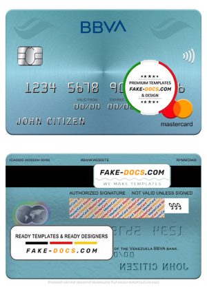 Venezuela BBVA bank mastercard, fully editable template in PSD format