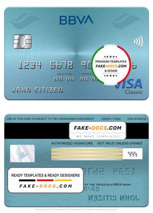 Venezuela BBVA bank visa classic card, fully editable template in PSD format