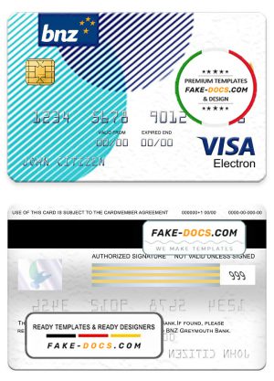 New Zealand BNZ Greymouth bank visa electron card, fully editable template in PSD format New Zealand BNZ Greymouth bank visa electron card, fully editable template in PSD format