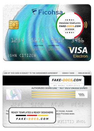 Nicaragua Banco Ficohsa bank visa electron card, fully editable template in PSD format Nicaragua Banco Ficohsa bank visa electron card, fully editable template in PSD format