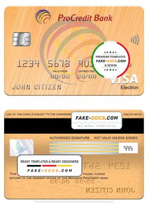 Moldova Procredit bank visa electron card, fully editable template in PSD format Moldova Procredit bank visa electron card, fully editable template in PSD format