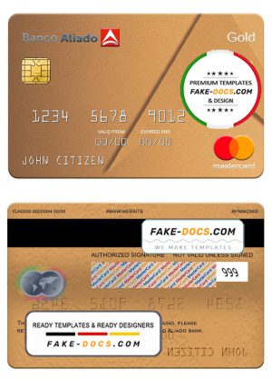 Panama Banco Aliado bank mastercard gold, fully editable template in PSD format Panama Banco Aliado bank mastercard gold, fully editable template in PSD format