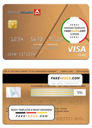 Panama Banco Aliado bank visa gold card, fully editable template in PSD format Panama Banco Aliado bank visa gold card, fully editable template in PSD format