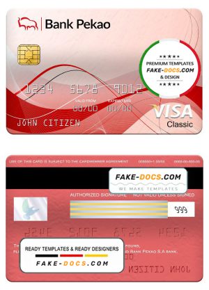 Poland bank Pekao S.A bank visa classic card, fully editable template in PSD format