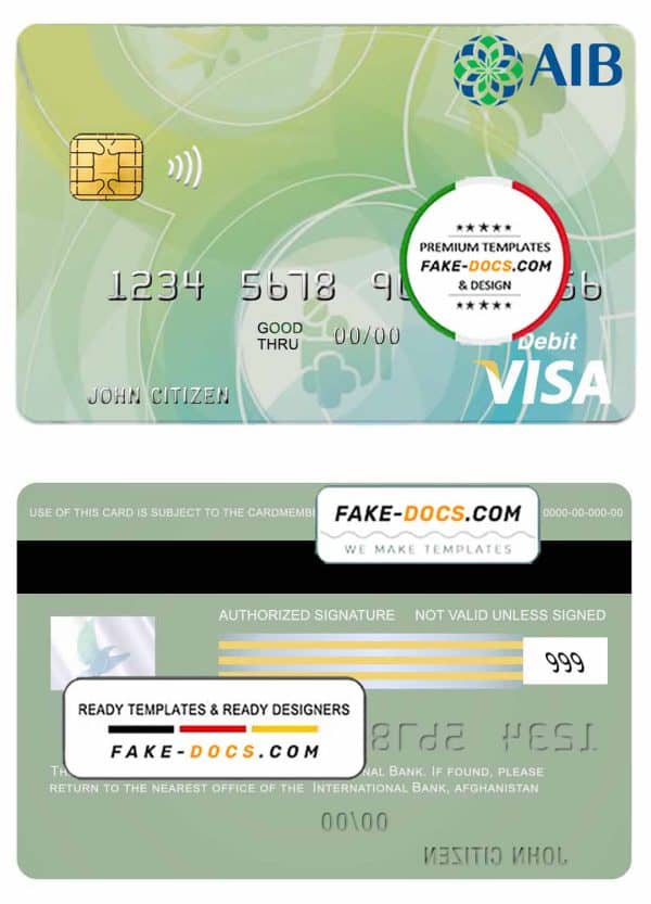 Afghanistan International Bank debit visa card template in PSD format, fully editable