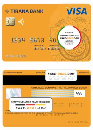 Albania Tirana bank visa card template in PSD format, fully editable